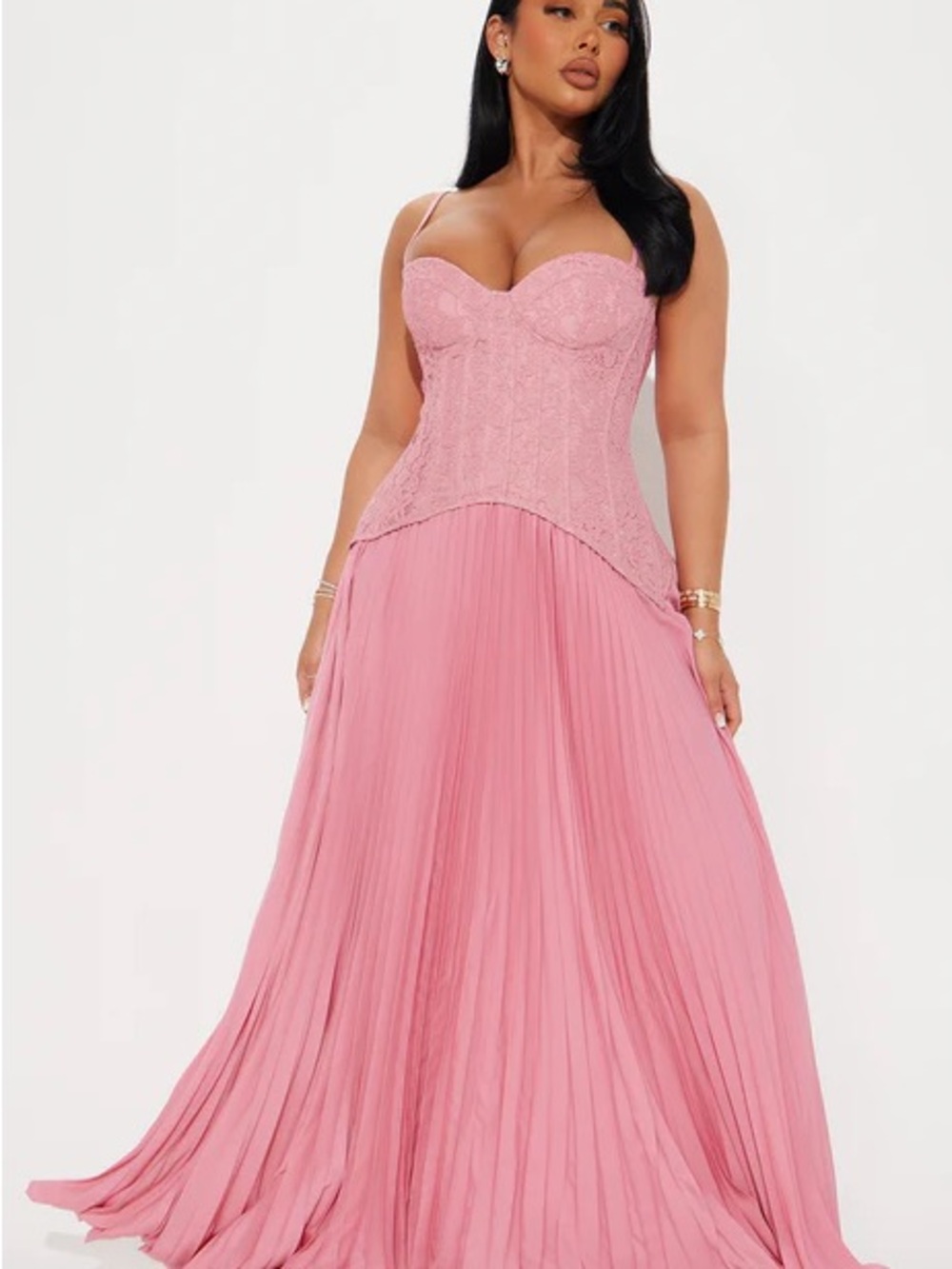 Daniella Lace Corset Pleated Pink Maxi Dress  1X NWT